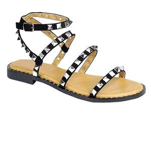 Black Strappy Studded Sandals w/ Ankle Strap- Silver Studs & Trim- Women Size 6